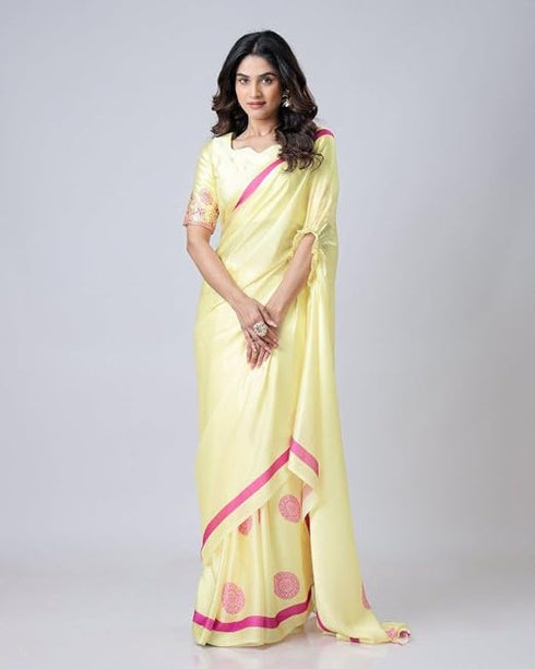 Vasthrlay Printed Kaftan Freehand Yellow Women's Floral Satin Silk Saree