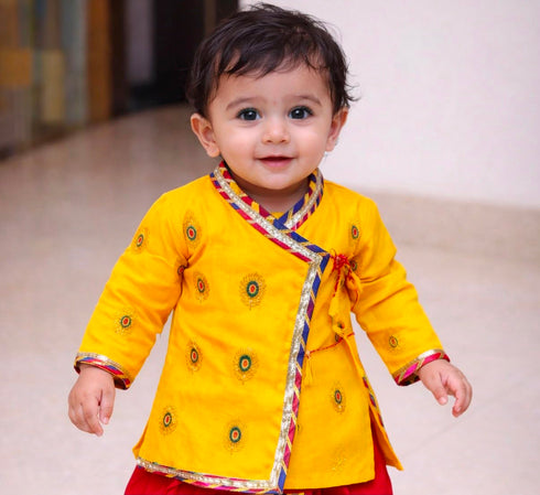Fancy Zari Print Krishna Dress for Baby Boys, Kurta with Dhoti, Yellow and Red