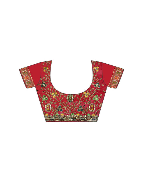 Vasthrlay Bandhani Printed Georgette Sequence Lace Scalloped Border Red Saree with Unstitched Blouse Piece