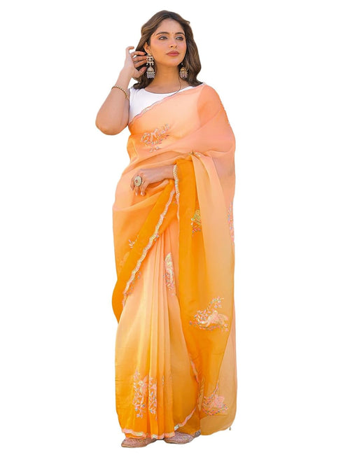 Vasthrlay Shimmer Embroidery Mustard Mustard Yellow Saree