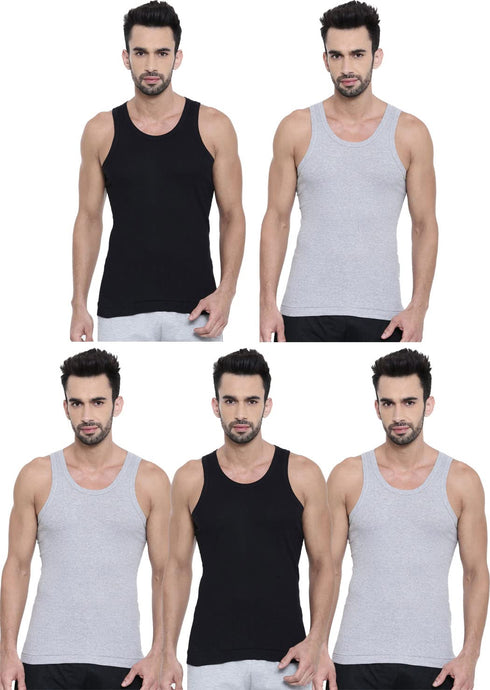 Dixcy Scott Cotton Rib Fabric Multi-Color Scoop Neck Sleeveless Men's Vests - Pack of 5 (#Victor-Derby-80 CM) (Color May Vary)