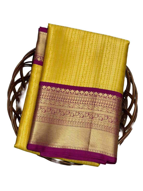 Vasthrlay Kanjivaram Silk Saree | Yellow with Pink Zari Border | Free Size