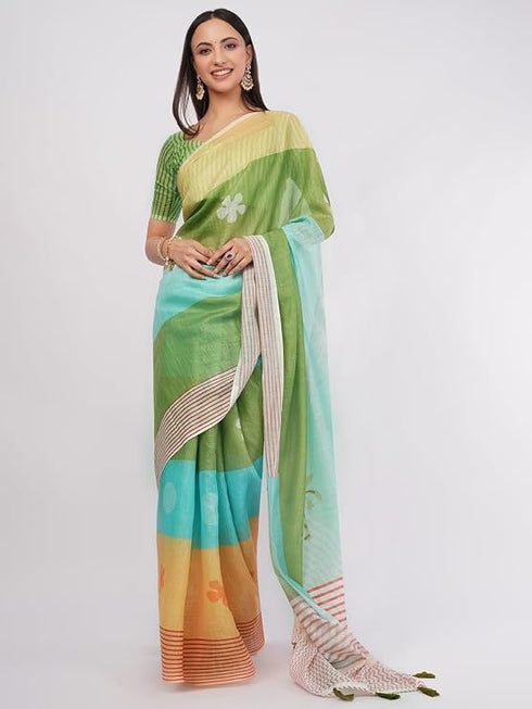 Vasthrlay Green Linen Floral| Striped| Check Design Printed Saree With Solid Unstitched Linen Blouse Piece