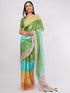 Vasthrlay Green Linen Floral| Striped| Check Design Printed Saree With Solid Unstitched Linen Blouse Piece