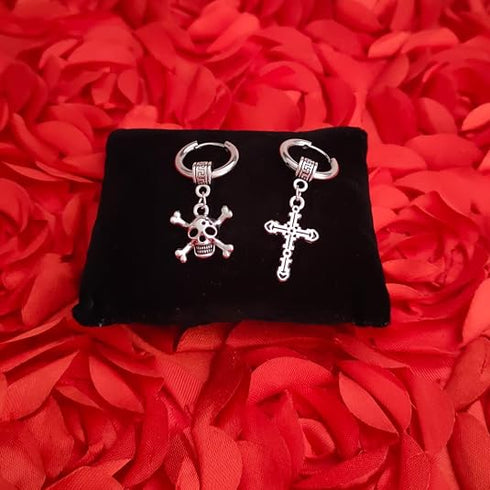 M Men Style Christ Jesus Cross With Gothic Skeleton Head Dangle Hoop Studs