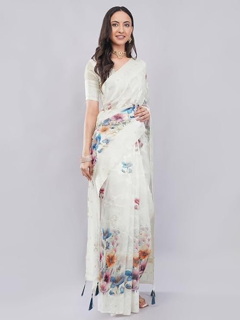Vasthrlay Floral Off White Print Chanderi Silk Blend Saree With Unstitched Blouse Piece