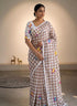 Vasthrlay Linen Saree Brown and White Checks with Floral Print |Tassel Border And Cotton Lace