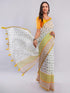 Vasthrlay White Womens Floral Digital Print Linen Saree With Unstitched Blouse Piece
