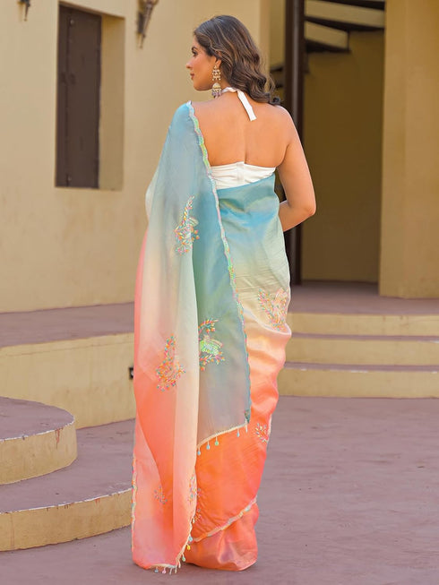 Vasthrlay Embroidery Scalloped Unstitched Turquoise Saree
