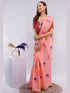 Vasthrlay Womens Peach Daisy Floral Prints Linen Saree With Zari Border And Unstitched Blouse Piece