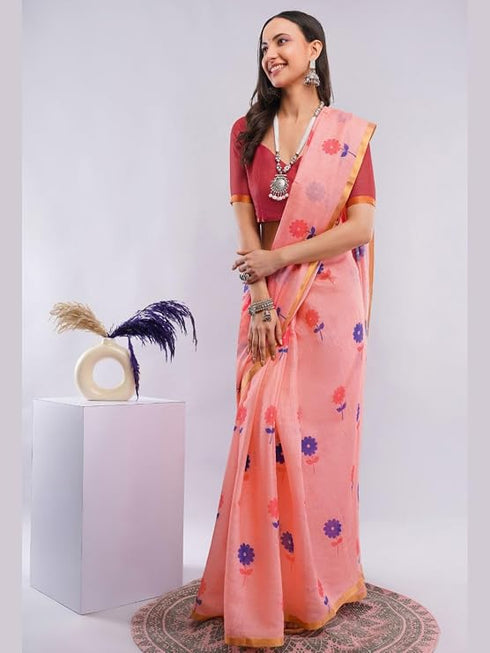 Vasthrlay Peach Daisy Floral Prints Linen Saree With Zari Border And Unstitched Blouse Piece