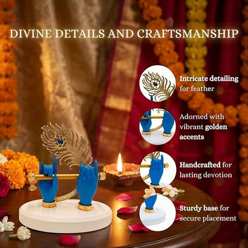 Gold Plated Melodic Krishna Hands Statue with Flute & Peacock Feather