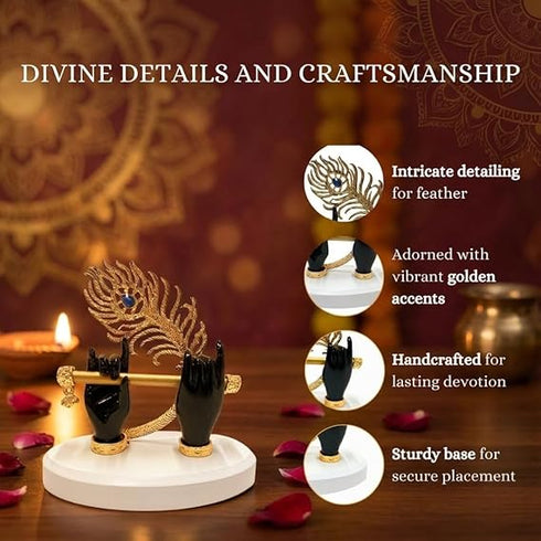 Gold Plated Melodic Krishna Hands Statue with Flute & Peacock Feather