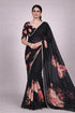 Vasthrlay Women's Georgette Floral Printed Black Saree with Pearl Border Detailing, Lightweight and Breathable