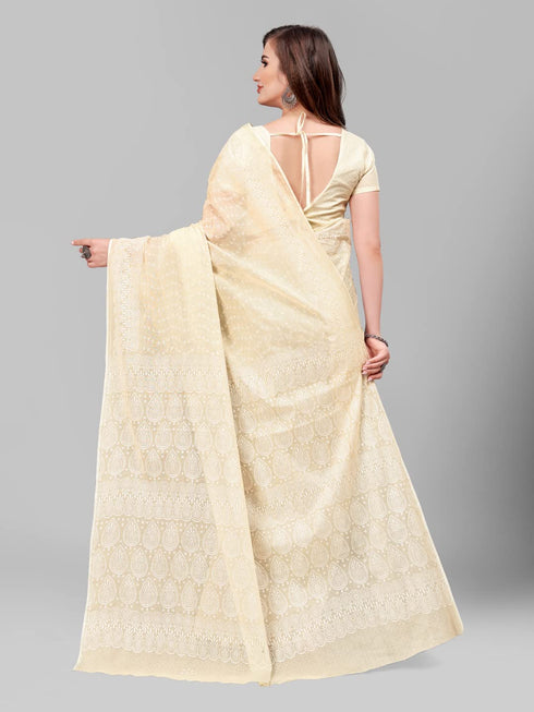 Vasthrlay Cotton Printed Mulmul Beige Saree