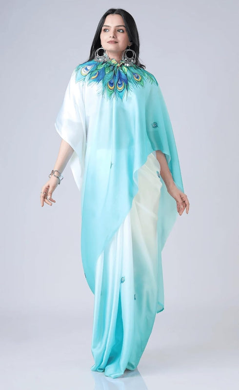 Vasthrlay Printed Kaftan Freehand Light Blue Soft Satin Saree