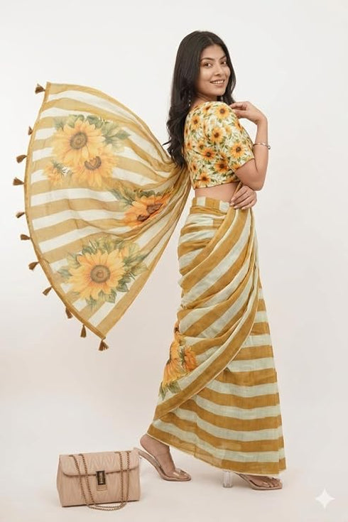 Vasthrlay Yellow Striped | Floral | Solid Print Design Linen Saree With Solid Unstitched Linen Blouse Piece