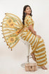 Vasthrlay Yellow Striped | Floral | Solid Print Design Linen Saree With Solid Unstitched Linen Blouse Piece