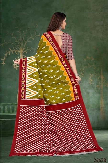 Rosolly Women'S Soft Pure Cotton Printed Saree With Unstitched Blouse 5.5Mtr