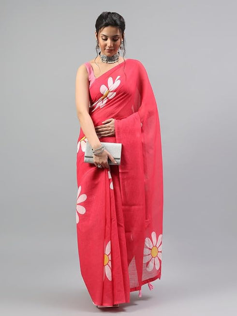 Vasthrlay Tomato Pink Linen Floral Printed Saree With Solid Unstitched Linen Blouse Piece