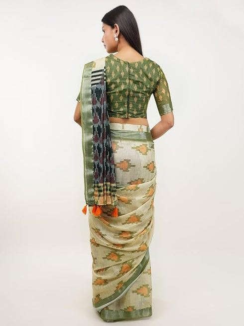 Vasthrlay Green Paisley Printed Linen Saree With Unstitched Blouse Piece