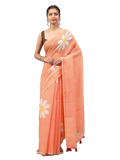 Vasthrlay Peach Linen Floral Printed Saree With Solid Unstitched Linen Blouse Piece