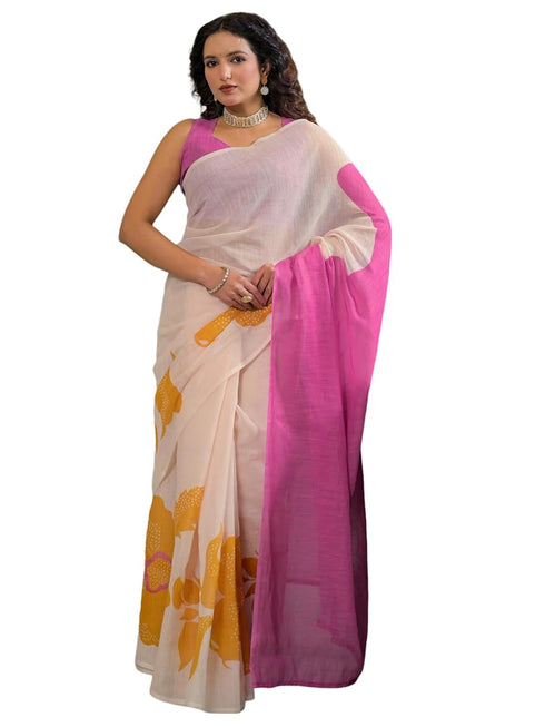 Vasthrlay Womens Printed Unstitched Beige Saree