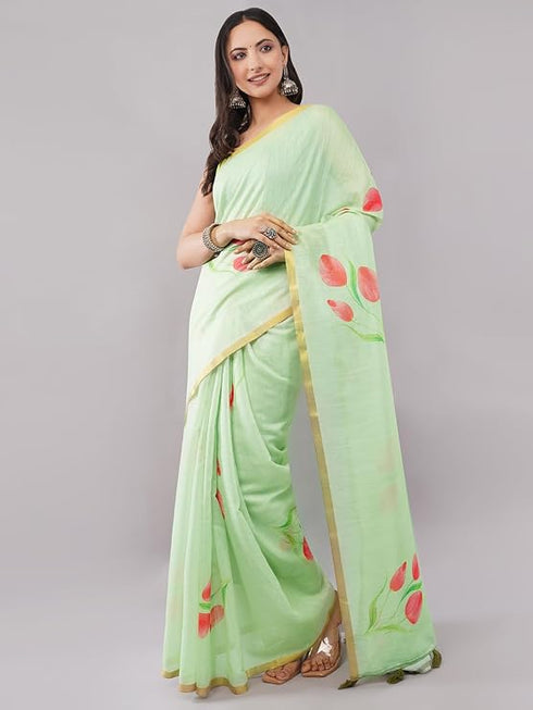 Vasthrlay Light Green Daisy Floral Prints Linen Saree With Zari Border And Unstitched Blouse Piece