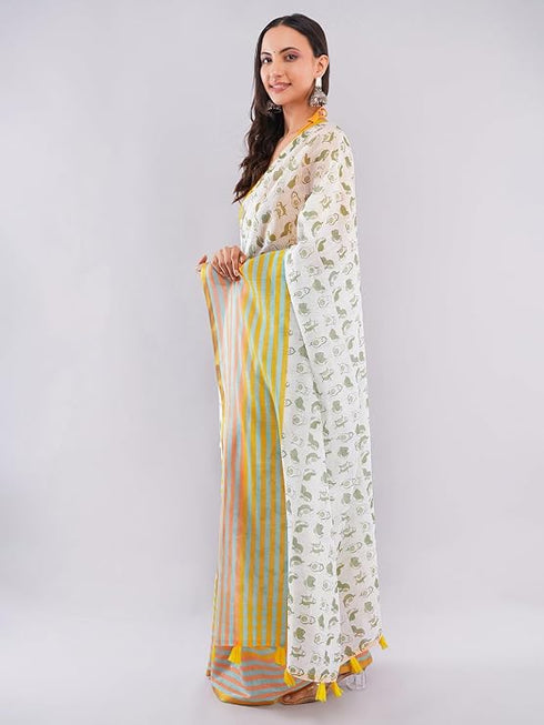 Vasthrlay White Womens Floral Digital Print Linen Saree With Unstitched Blouse Piece