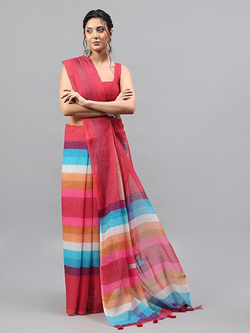 Vasthrlay Multi Red Printed Striped Linen Saree With Solid Linen Unstitched Blouse Piece For Women