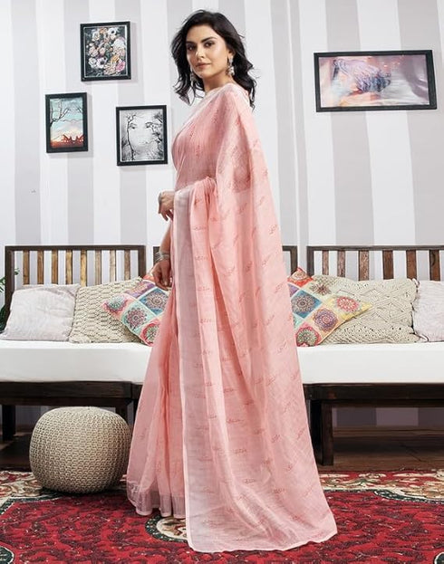 Vasthrlay Womens Printed Unstitched Peach Saree