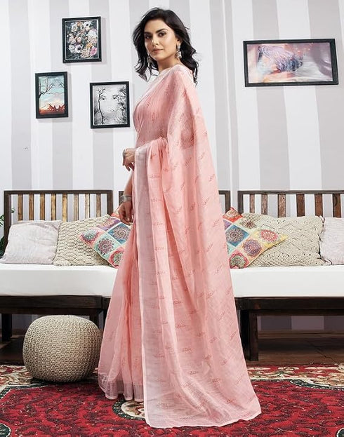 Vasthrlay Womens Printed Peach Saree With Unstitched Blouse Piece