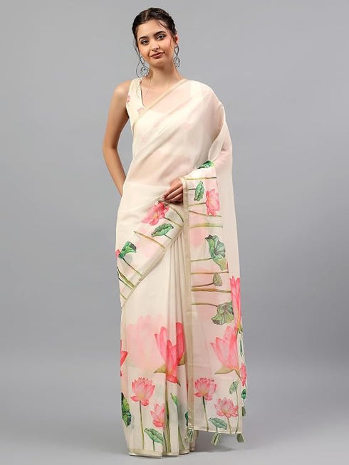 Vasthrlay Peach Floral Printed Organza Saree With Unstitched Blouse