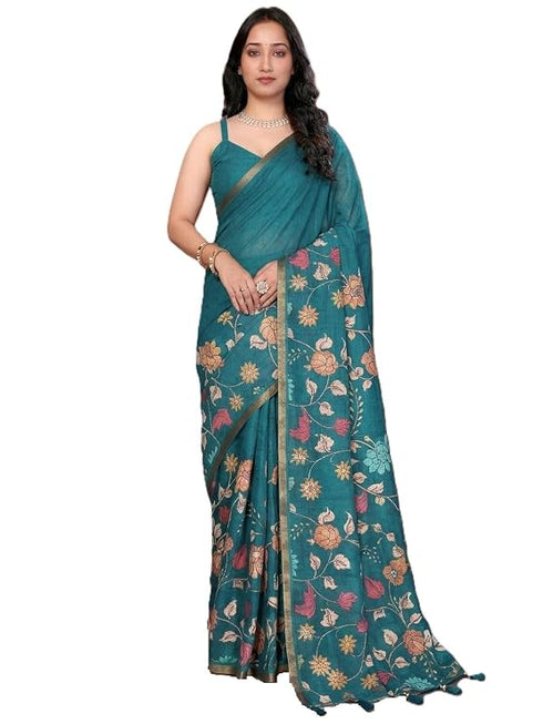 Vasthrlay Turquoise Floral Linen Saree With Solid Black Unstitched Blouse
