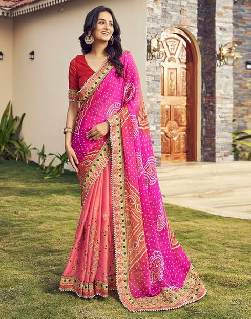 Vasthrlay Bandhani Embroidery Unstitched Red Saree