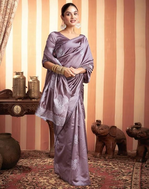 Vasthrlay Womens Kanjivaram Unstitched Dusty Pink Saree