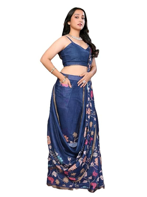 Vasthrlay Blue Floral Print Ready To Wear Linen Saree