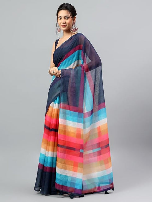 Vasthrlay Multicolor Printed Striped Linen Saree With Solid Linen Unstitched Blouse Piece For Women
