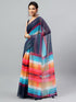Vasthrlay Multicolor Printed Striped Linen Saree With Solid Linen Unstitched Blouse Piece For Women