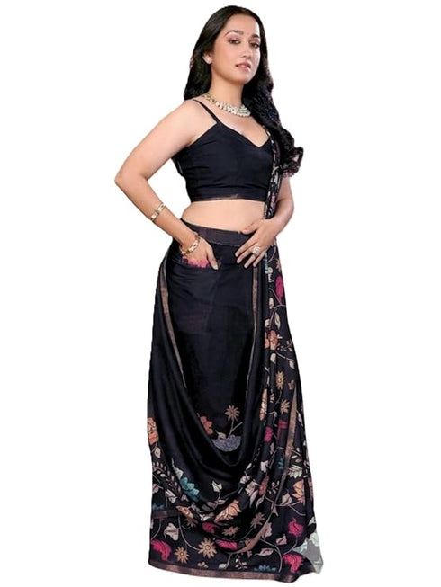 Vasthrlay Black Floral Print Ready To Wear Linen Saree