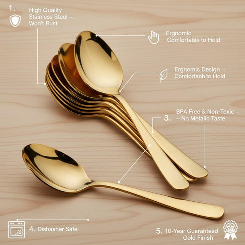 ROSTON Cutlery Set | Stainless Steel Gold Premium Spoon Set Luxury Dinning Tabelware
