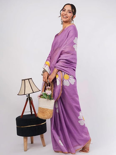 Vasthrlay Purple Daisy Floral Prints Linen Saree With Zari Border And Unstitched Blouse Piece