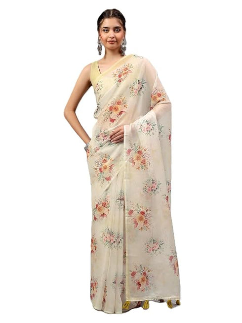 Vasthrlay Pastel Green2 Sheer Floral Printed Art Chiffon Saree With Unstitched Blouse