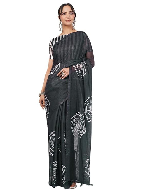 Vasthrlay Black1 Womens Printed Linen Saree With Unstitched Blouse Piece