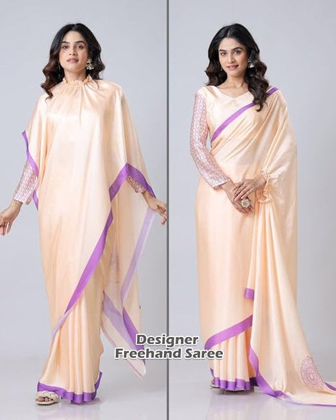Vasthrlay Printed Kaftan Freehand Peach Women's Floral Satin Silk Saree