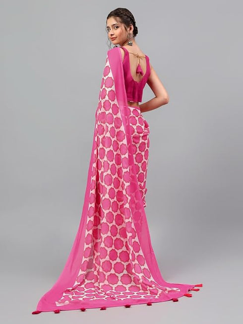Vasthrlay Pink Floral Printed Georgette Saree With White Solid Georgette Unstitched Blouse
