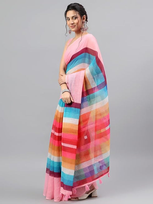 Vasthrlay Peach Printed Striped Linen Saree With Solid Linen Unstitched Blouse Piece For Women