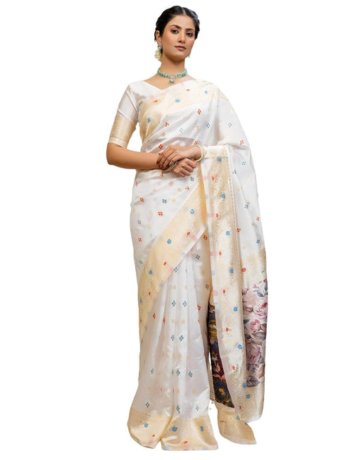Vasthrlay Weaving Printed Off White Off White Saree