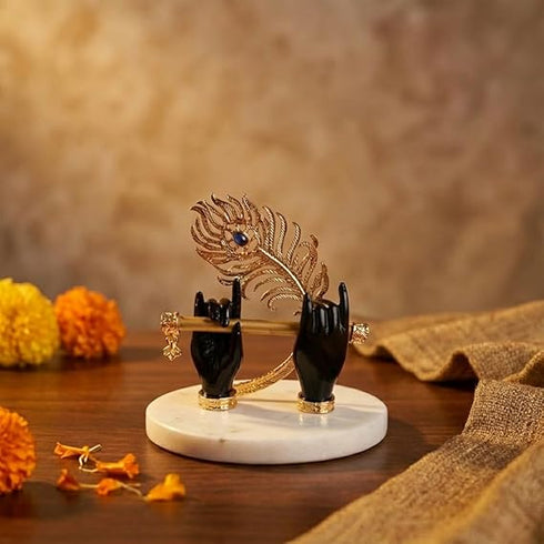 Gold Plated Melodic Krishna Hands Statue with Flute & Peacock Feather