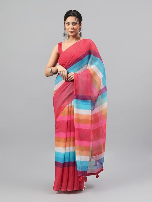 Vasthrlay Multi Red Printed Striped Linen Saree With Solid Linen Unstitched Blouse Piece For Women